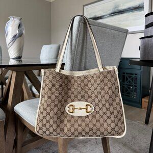 GUCCI GG Canvas 1955 Horsebit Tote Brown/White